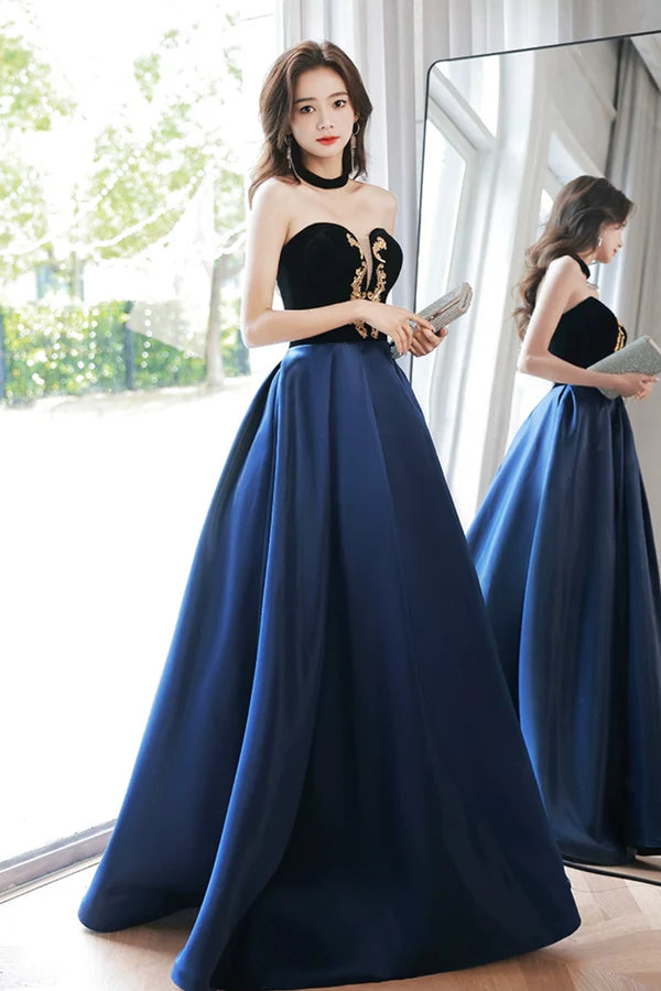 Blue Velvet and Satin Floor Length Prom Dress Elegant Short Sleeve Evening Party Dress