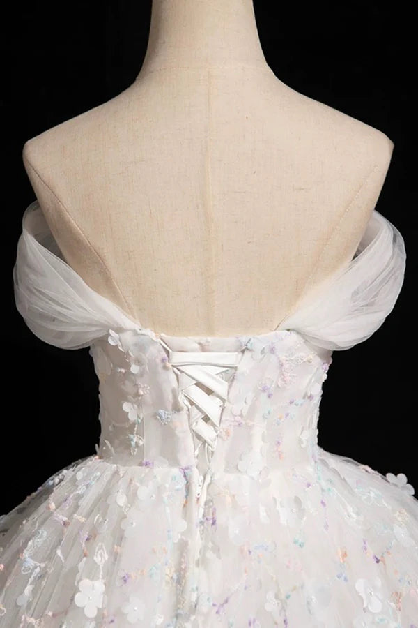 White Tulle Flowers Floor Length Prom Dresses Beautiful A-Line Backless Sweet 16 Formal Dresses