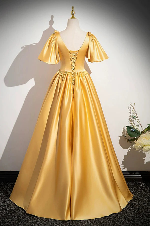 Yellow V-Neck Satin Long Prom Dress Yellow A-Line Short Sleeve Evening Dress