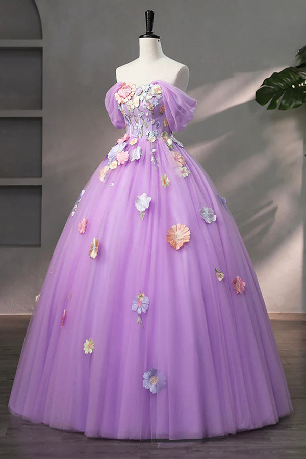 Purple Tulle Lace Long Prom Dress with Lace Beautiful Off the Shoulder Evening Dress