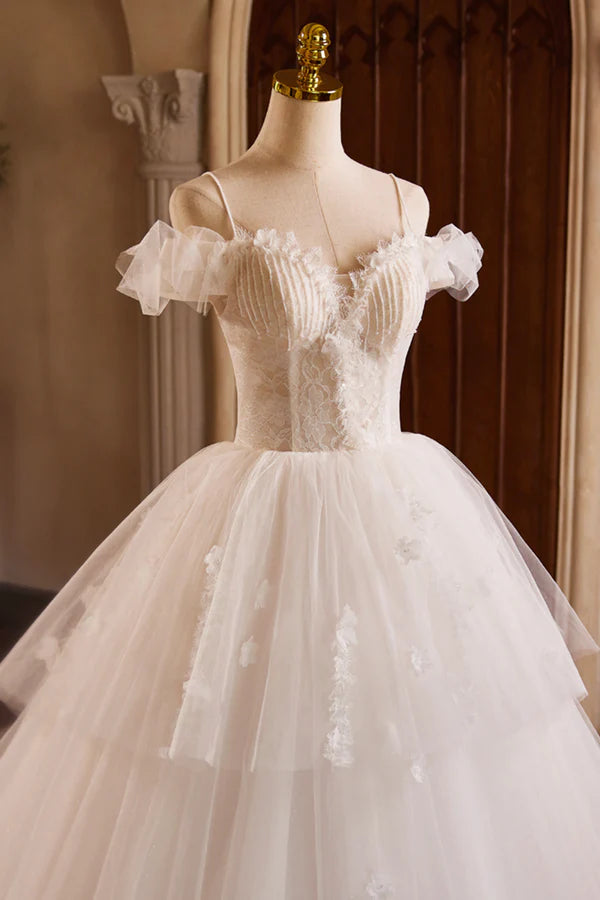 Ivory Spaghetti Strap Lace Beaded Party Dress Ivory Floor Length A-Line Prom Dress