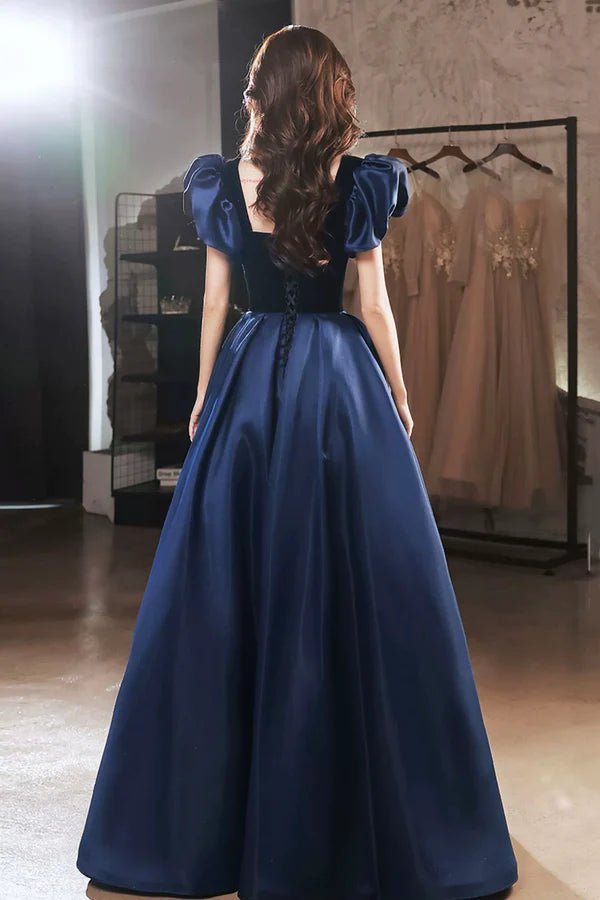 Blue Velvet and Satin Floor Length Prom Dress Elegant Short Sleeve Evening Party Dress