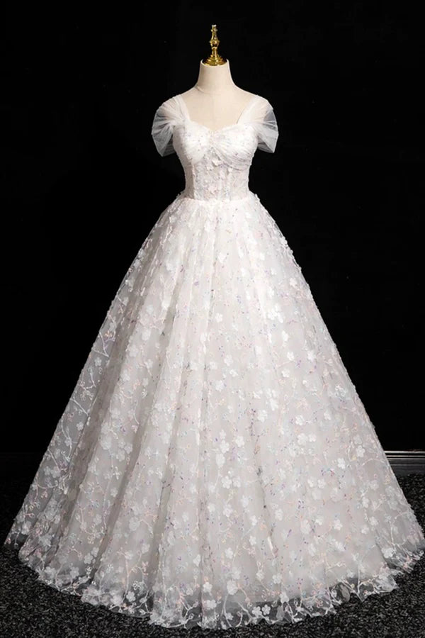 White Tulle Flowers Floor Length Prom Dresses Beautiful A-Line Backless Sweet 16 Formal Dresses