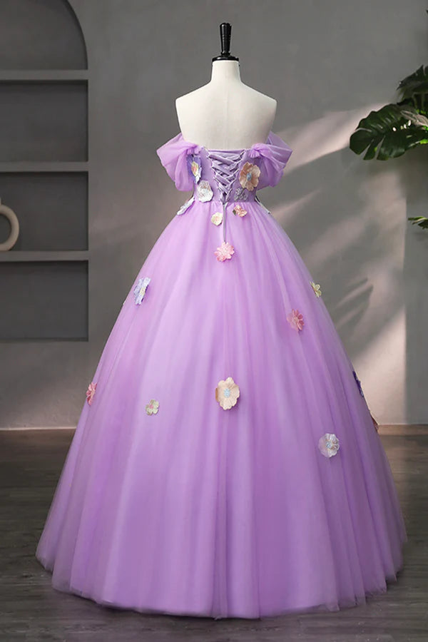 Purple Tulle Lace Long Prom Dress with Lace Beautiful Off the Shoulder Evening Dress