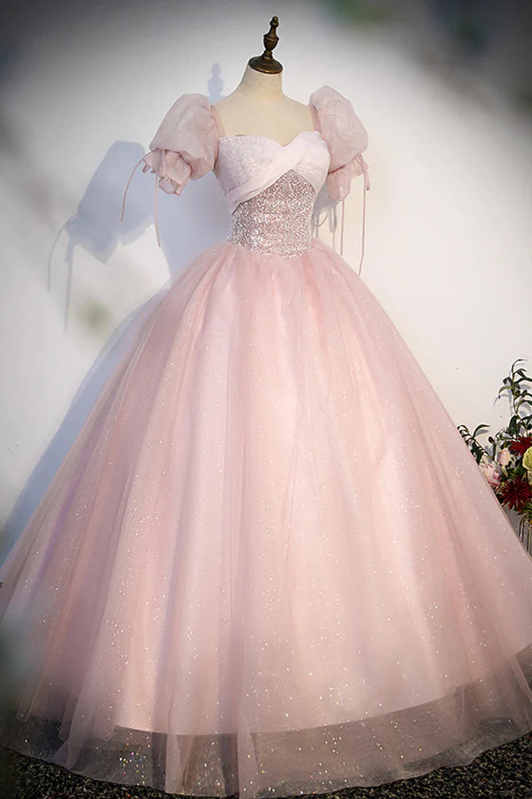 Pink Tulle Sequins Long Prom Dress Lovely A-Line Short Sleeve Evening Party Dress