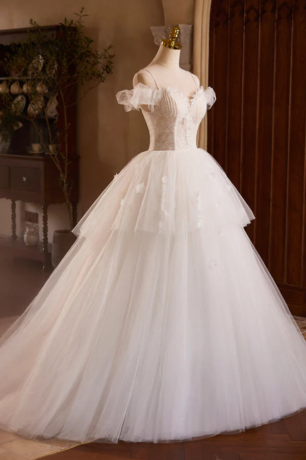 Ivory Spaghetti Strap Lace Beaded Party Dress Ivory Floor Length A-Line Prom Dress