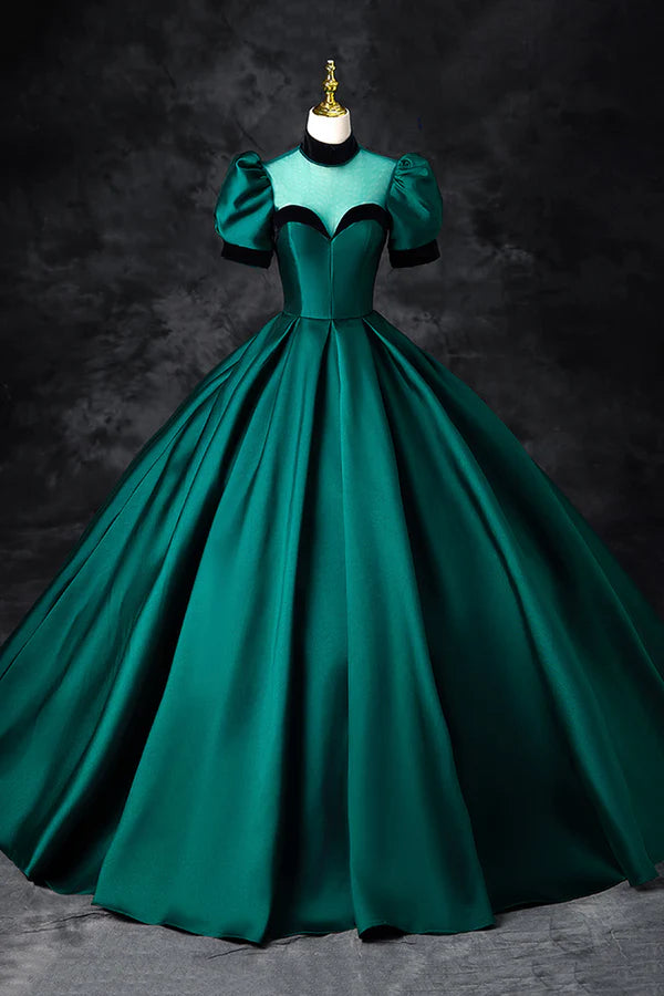 Green Satin Long Prom Dress Elegant A-Line Short Sleeve Formal Evening Dress