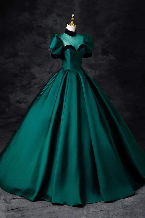 Green Satin Long Prom Dress Elegant A-Line Short Sleeve Formal Evening Dress