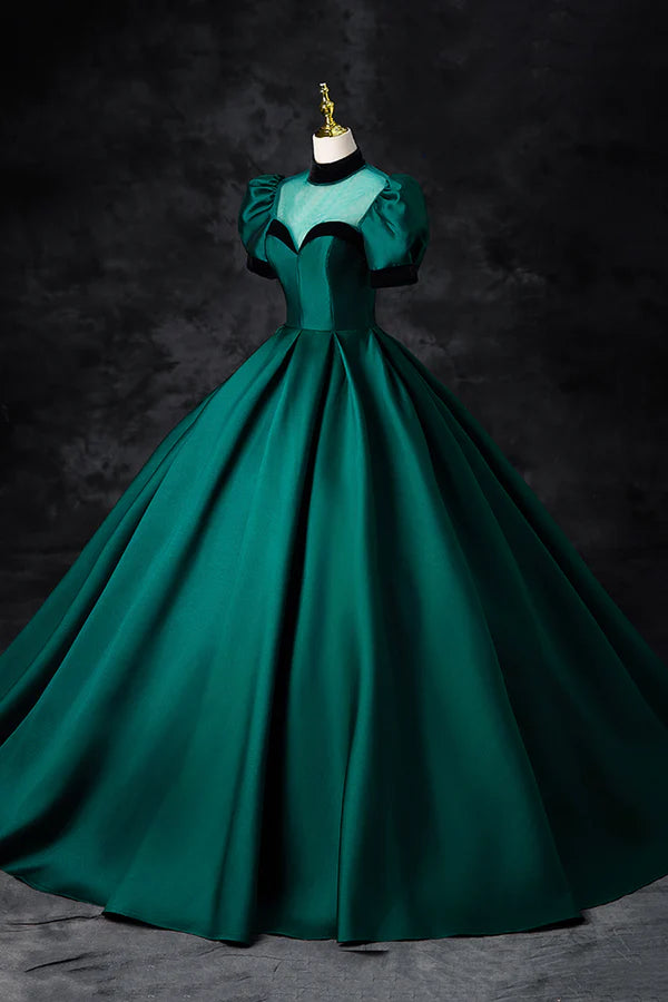 Green Satin Long Prom Dress Elegant A-Line Short Sleeve Formal Evening Dress