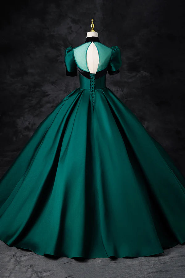 Green Satin Long Prom Dress Elegant A-Line Short Sleeve Formal Evening Dress