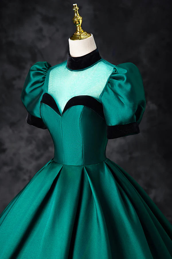 Green Satin Long Prom Dress Elegant A-Line Short Sleeve Formal Evening Dress