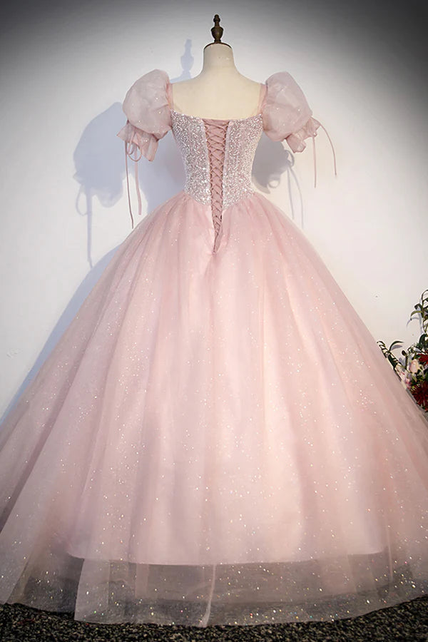 Pink Tulle Sequins Long Prom Dress Lovely A-Line Short Sleeve Evening Party Dress