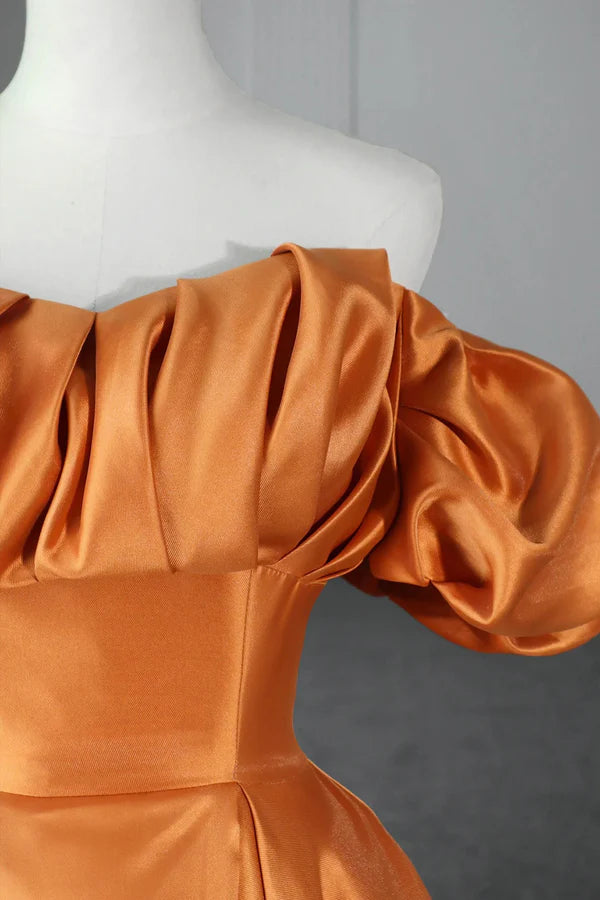 Orange Satin A-Line Floor Length Prom Dress Off the Shoulder Evening Party Dress
