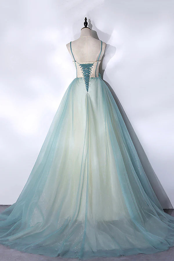 Green Tulle Long A-Line Prom Dress Green Spaghetti Straps Graduation Dress