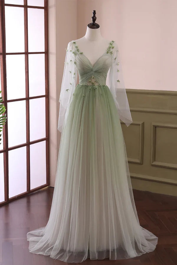 Beautiful Gradient Tulle Green Long Sleeves Party Dress Green Evening Formal Dresses