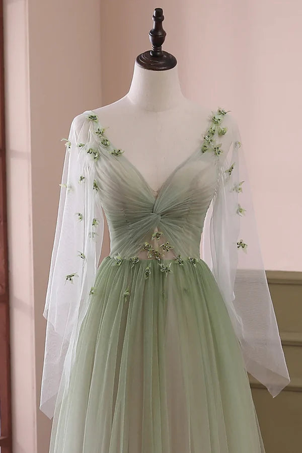 Beautiful Gradient Tulle Green Long Sleeves Party Dress Green Evening Formal Dresses