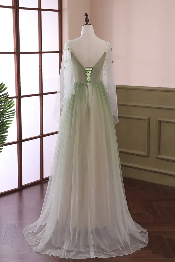 Beautiful Gradient Tulle Green Long Sleeves Party Dress Green Evening Formal Dresses