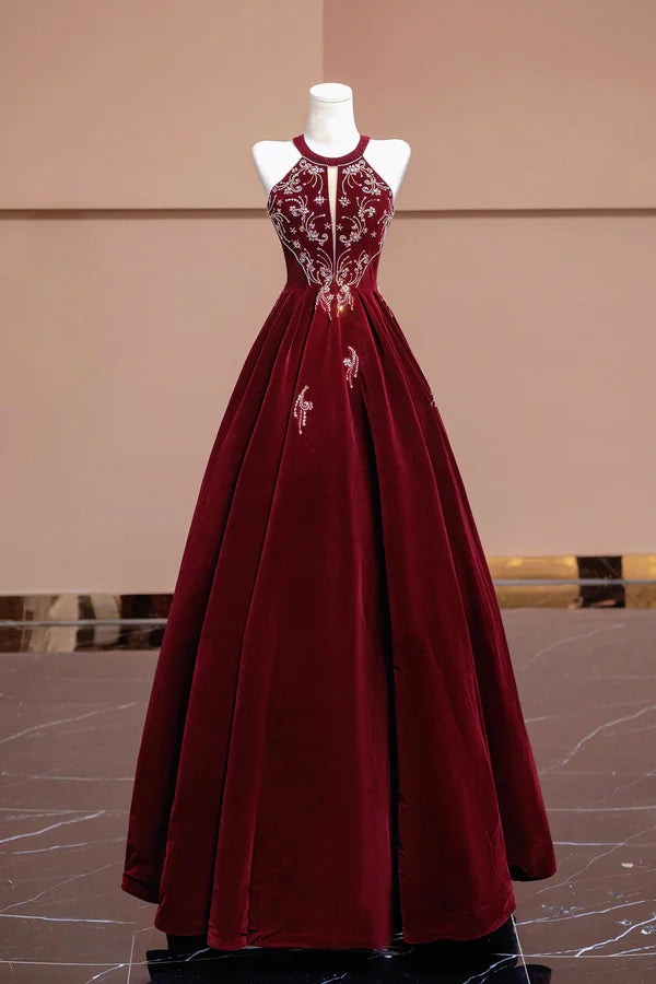 Burgundy Velvet Beaded Long Prom Dress Elegant A-Line Evening Party Dress