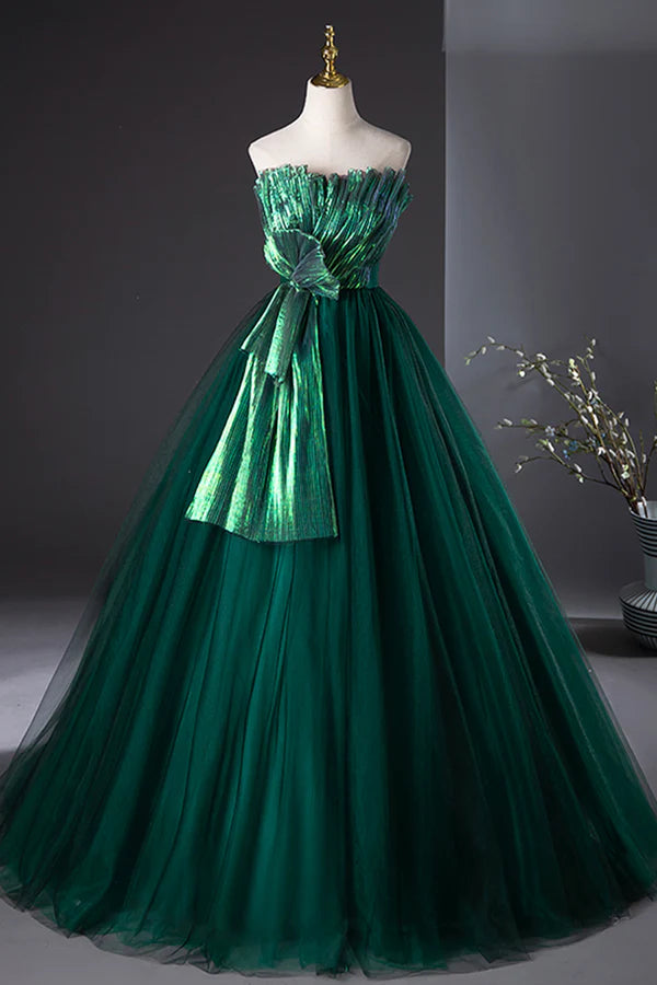 Dark Green Strapless Tulle Long Prom Dress Beautiful A-Line Formal Evening Dress