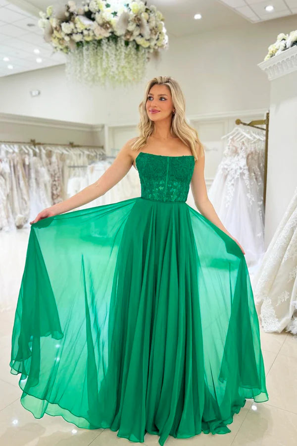 A-Line Green Chiffon Lace Long Prom Dress Beautiful Strapless Floor Length Evening Party Dress