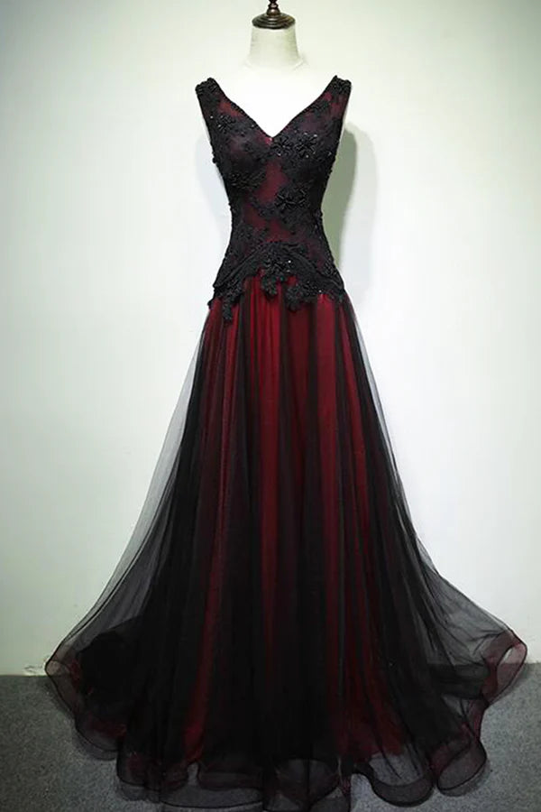 Black and Red V-Neck Tulle Long Prom Dress Lace Evening Dress