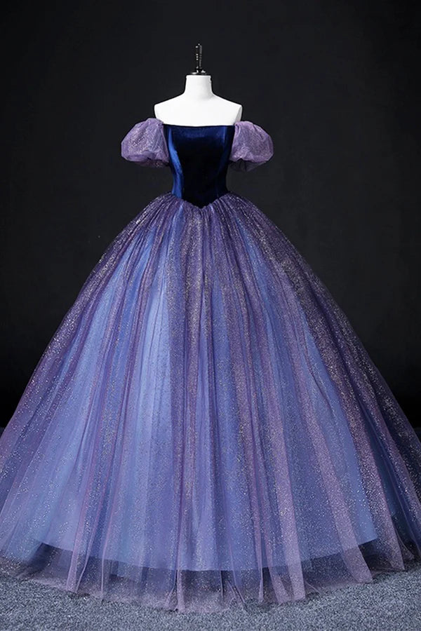 Lovely Velvet Tulle Long Prom Dress Purple Off the Shoulder Evening Party Gown