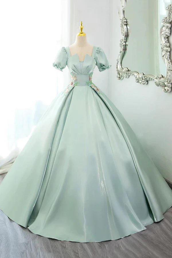 Green Satin Lace Long Prom Dress Beautiful A-Line Short Sleeve Evening Party Dress