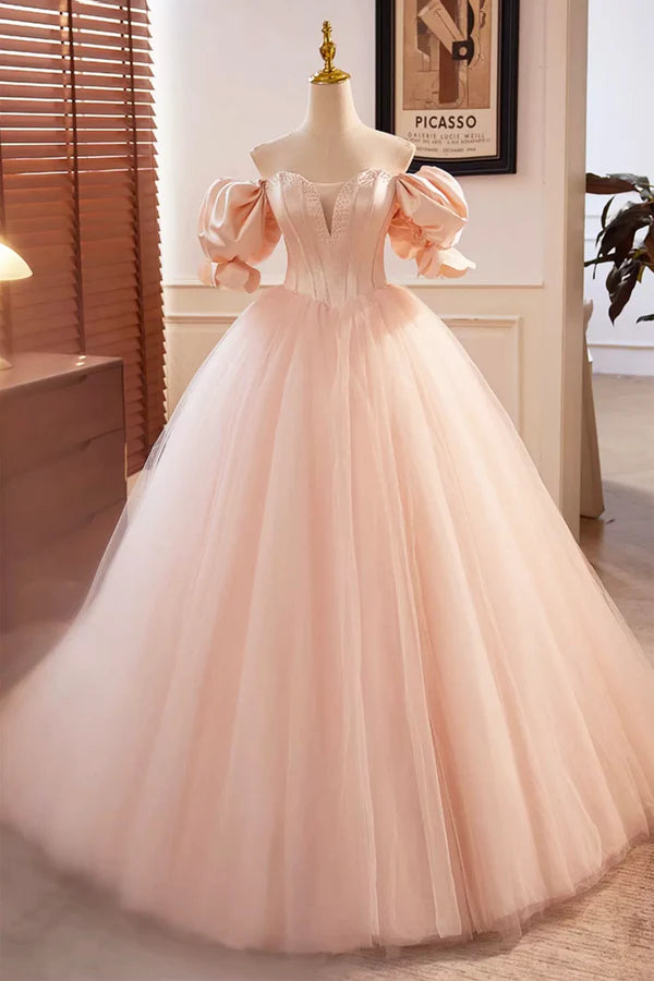 Beautiful Blushing Pink Beading Prom Dresses Off the Shoulder Puffy Short Sleeve Backless Floor-Length Party Dresses