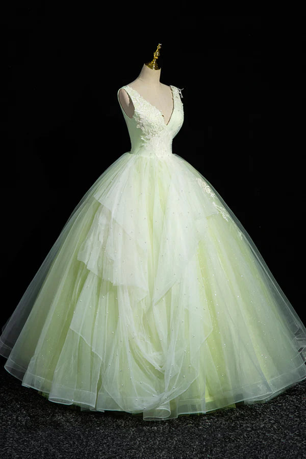 Charming Tulle Lace Green Prom Dresses V-Neck Sleeveless Floor-Length Formal Evening Dresses