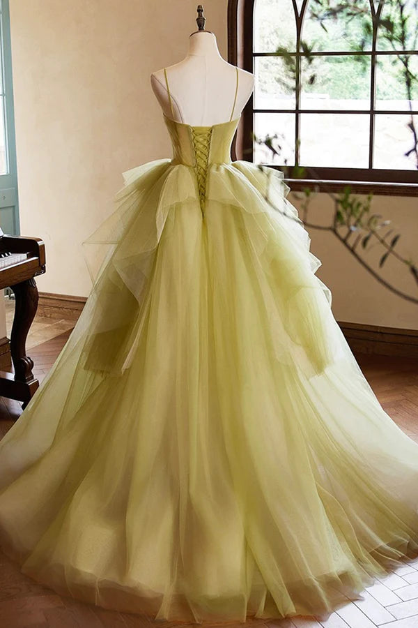 Green Ruffle Long A-Line Prom Dresses Spaghetti Straps Backless Evening Dresses