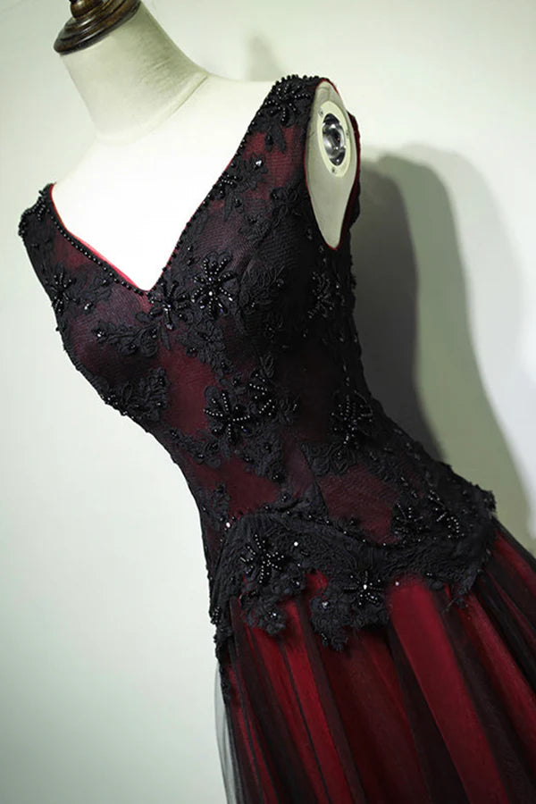 Black and Red V-Neck Tulle Long Prom Dress Lace Evening Dress