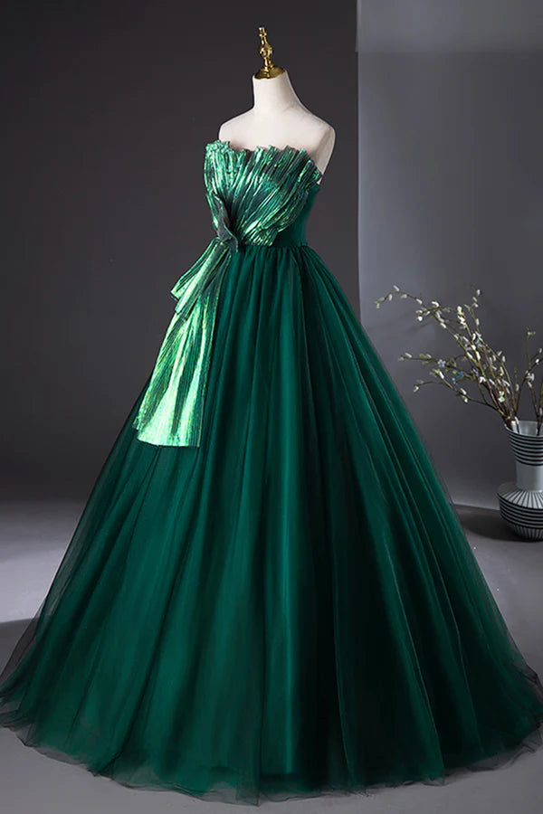 Dark Green Strapless Tulle Long Prom Dress Beautiful A-Line Formal Evening Dress