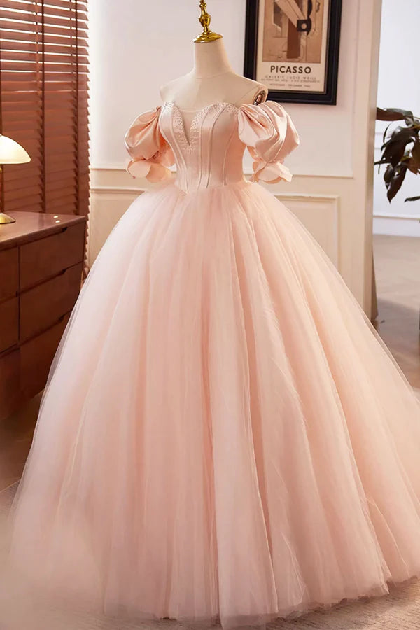 Beautiful Blushing Pink Beading Prom Dresses Off the Shoulder Puffy Short Sleeve Backless Floor-Length Party Dresses