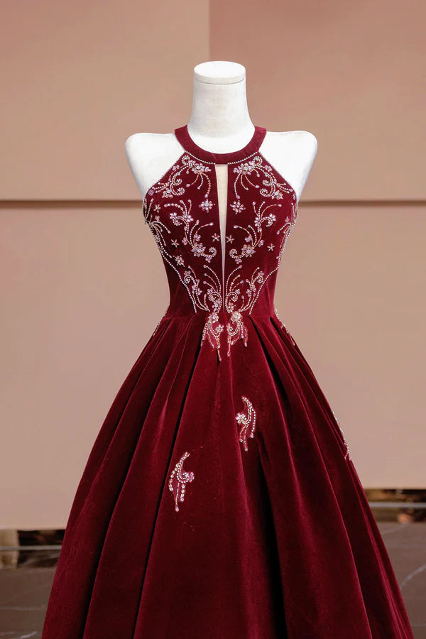 Burgundy Velvet Beaded Long Prom Dress Elegant A-Line Evening Party Dress