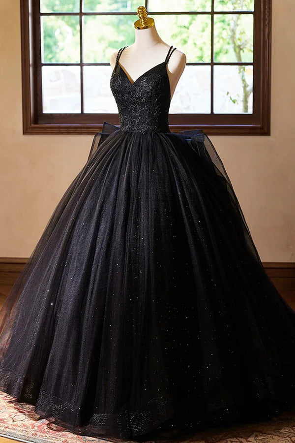 Black V-Neck Tulle Lace Prom Dress Gorgeous A-Line Evening Party Dress