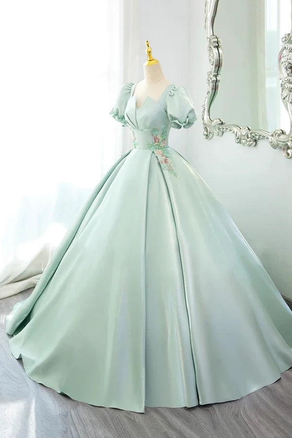 Green Satin Lace Long Prom Dress Beautiful A-Line Short Sleeve Evening Party Dress