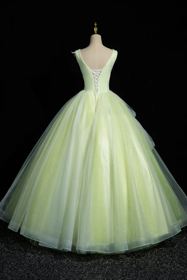 Charming Tulle Lace Green Prom Dresses V-Neck Sleeveless Floor-Length Formal Evening Dresses