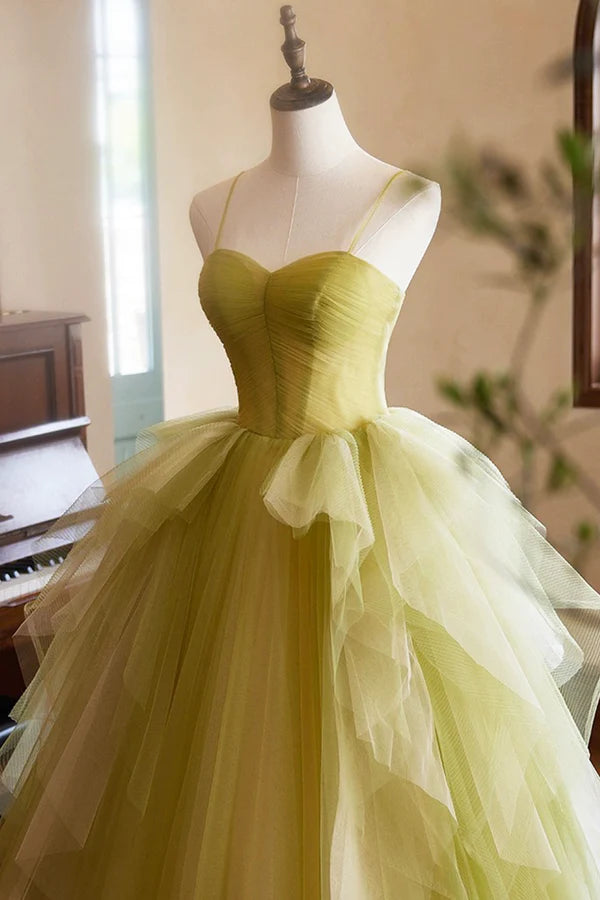 Green Ruffle Long A-Line Prom Dresses Spaghetti Straps Backless Evening Dresses