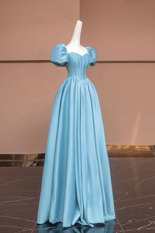 Blue Satin Long A-Line Prom Dress with Pearls Cute Short Sleeve Evening Dress