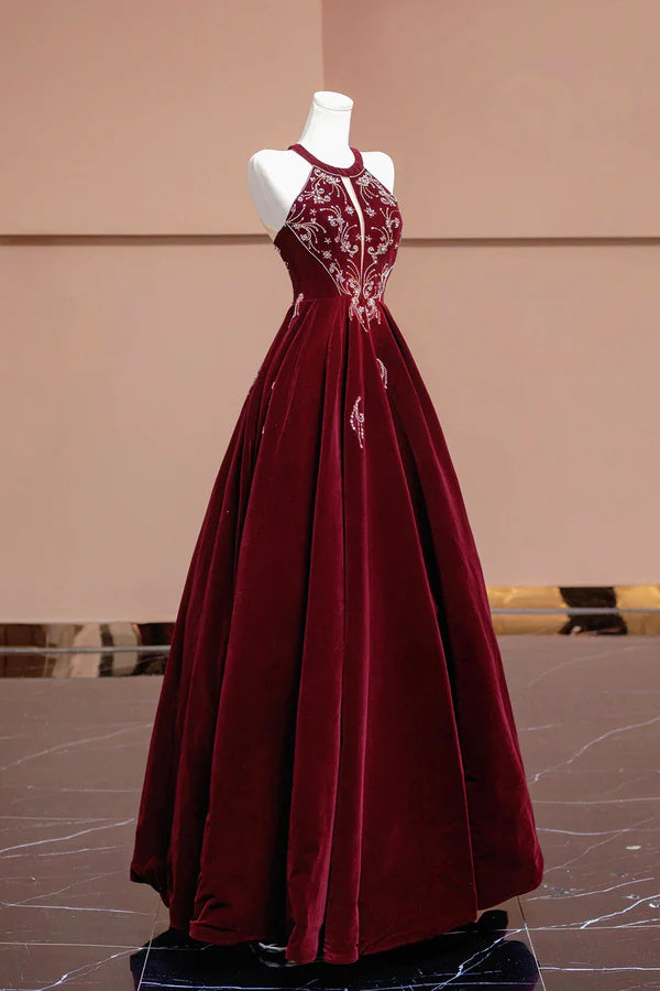 Burgundy Velvet Beaded Long Prom Dress Elegant A-Line Evening Party Dress