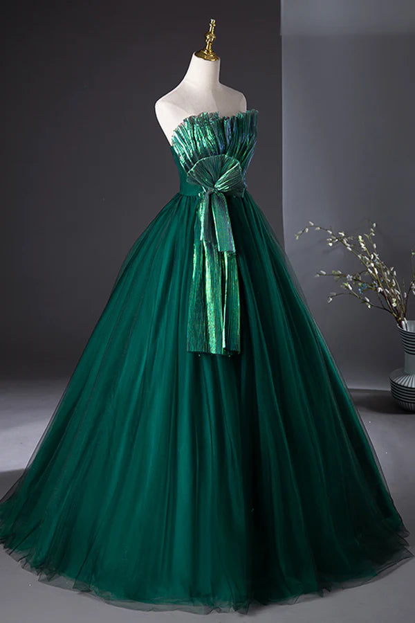 Dark Green Strapless Tulle Long Prom Dress Beautiful A-Line Formal Evening Dress