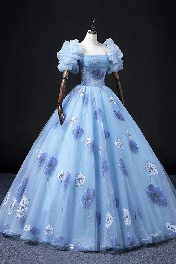 Beautiful Floral Tulle Long Prom Dress Blue Short Sleeve Evening Dress