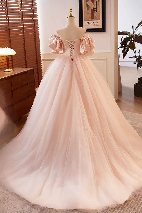 Beautiful Blushing Pink Beading Prom Dresses Off the Shoulder Puffy Short Sleeve Backless Floor-Length Party Dresses