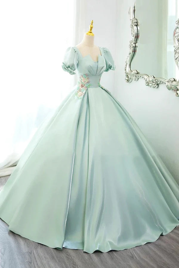Green Satin Lace Long Prom Dress Beautiful A-Line Short Sleeve Evening Party Dress