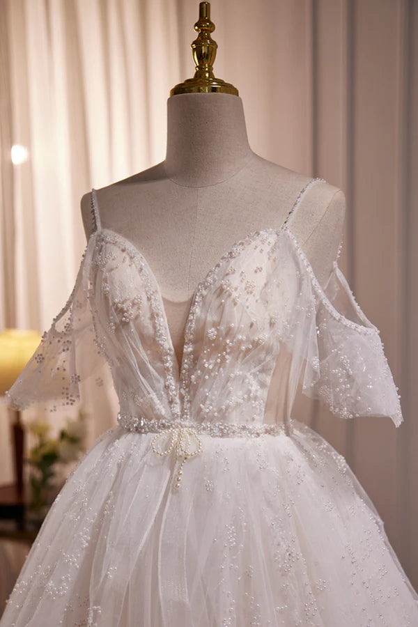 Ivory V Neck Beaded Straps Party Dress Ivory Floor Length Prom Dress