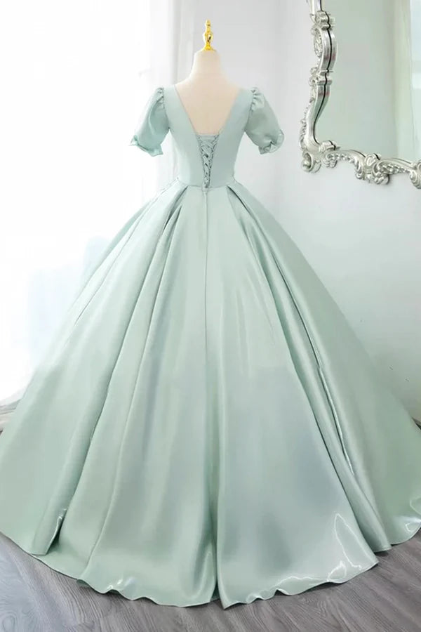 Green Satin Lace Long Prom Dress Beautiful A-Line Short Sleeve Evening Party Dress