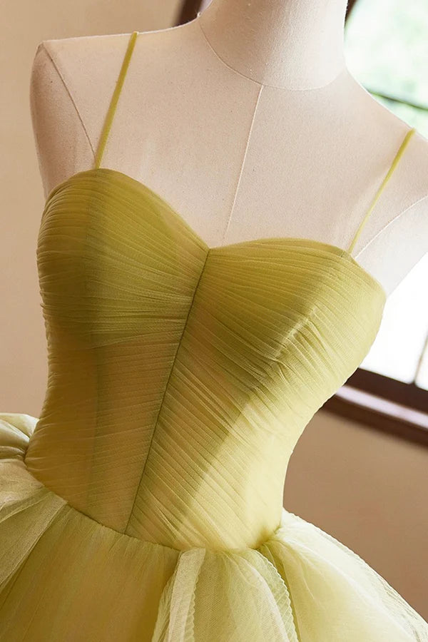 Green Ruffle Long A-Line Prom Dresses Spaghetti Straps Backless Evening Dresses