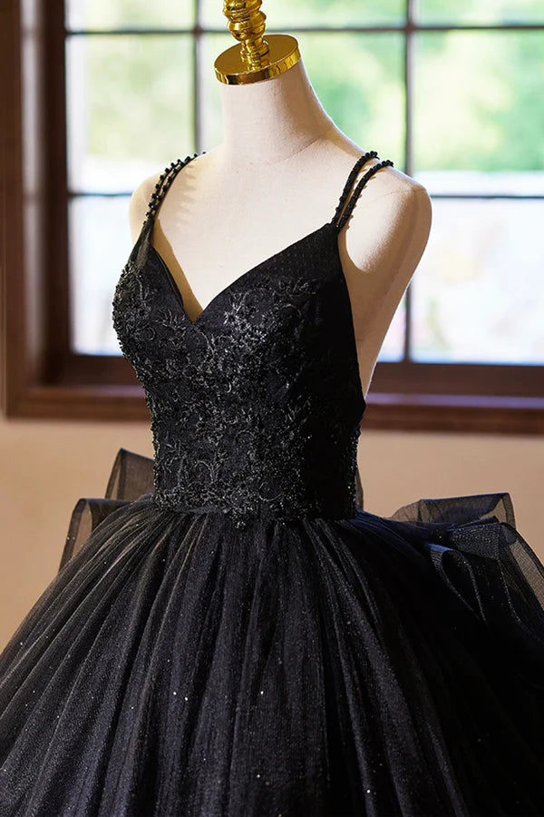 Black V-Neck Tulle Lace Prom Dress Gorgeous A-Line Evening Party Dress