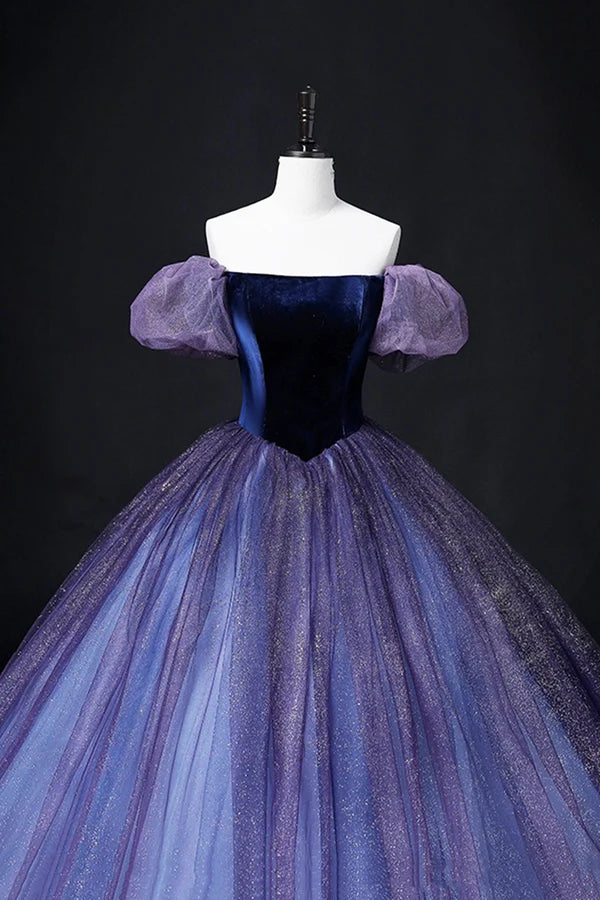 Lovely Velvet Tulle Long Prom Dress Purple Off the Shoulder Evening Party Gown