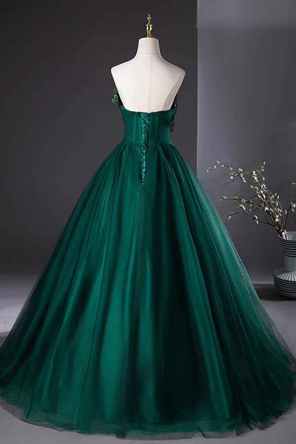 Dark Green Strapless Tulle Long Prom Dress Beautiful A-Line Formal Evening Dress